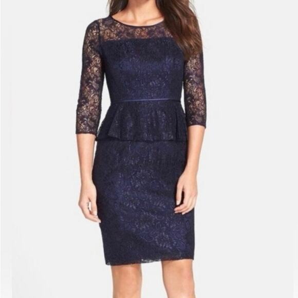 Adrianna Papell Dresses & Skirts - ADRIANNA PAPELL 12 Women's Lace Overlay Sheath Dress Peplum Navy Cocktail Short
